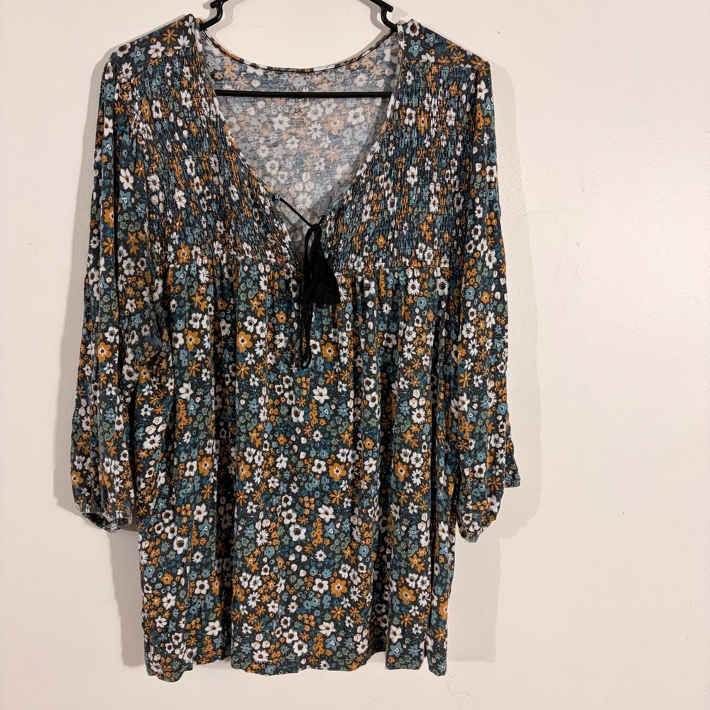 Preswick & Moore Blouse Womens 2X Multicolor Floral Smocked Peasant Top Boho